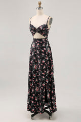 Schwarze Blume A-Linie Langes Hochzeitsgastkleid