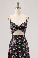 Schwarze Blume A-Linie Langes Hochzeitsgastkleid