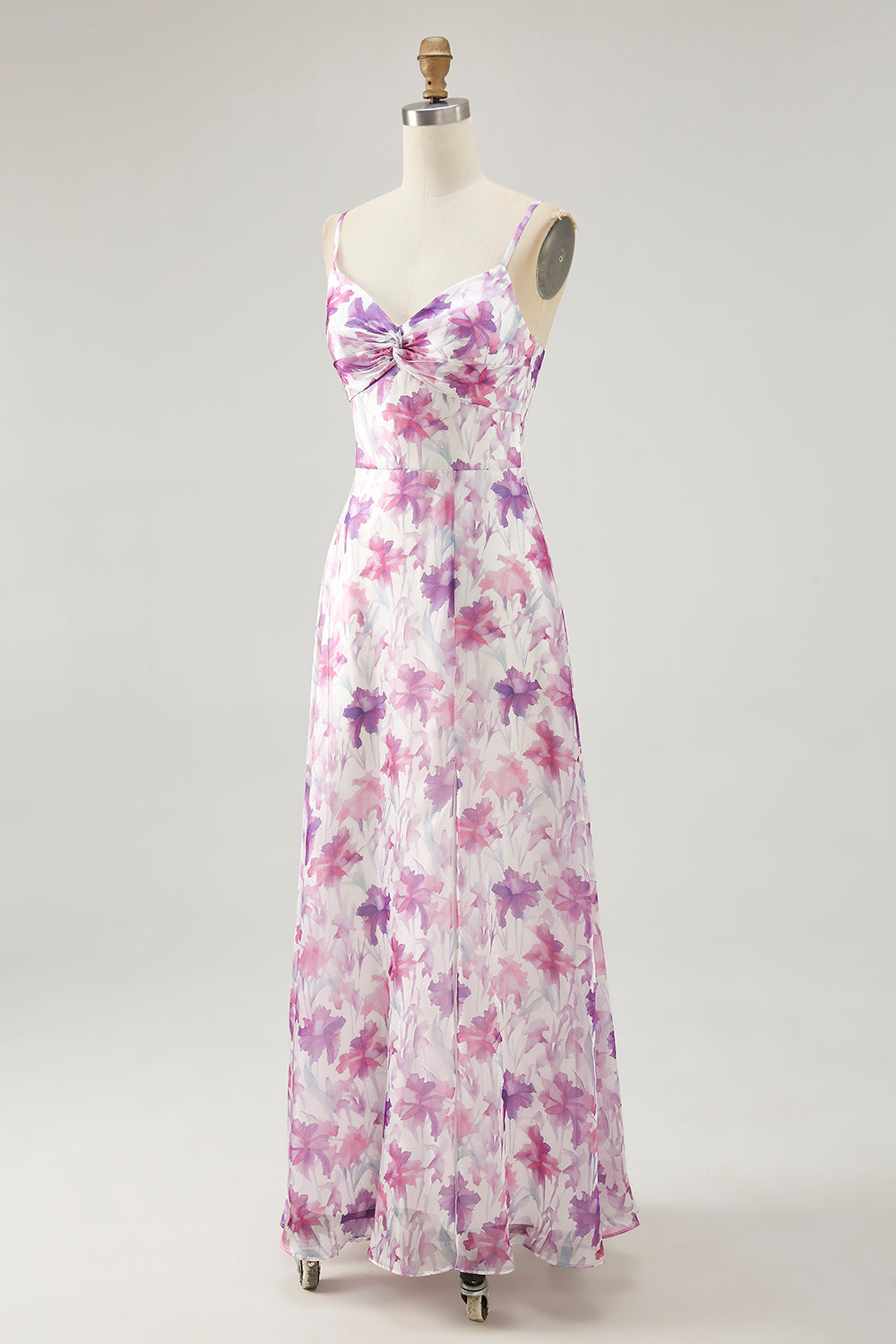 Lila Blumen A Linie Spaghettiträger Bedrucktes Hochzeitsgastkleid