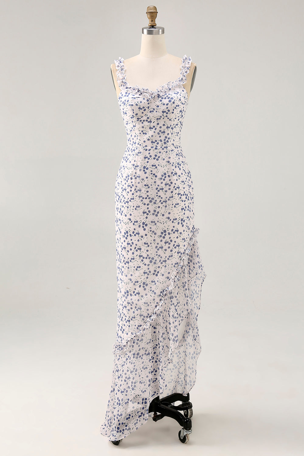 Blumen Rüschen Bedruckte Etui Blaues Asymmetrisches Hochzeitsgastkleid