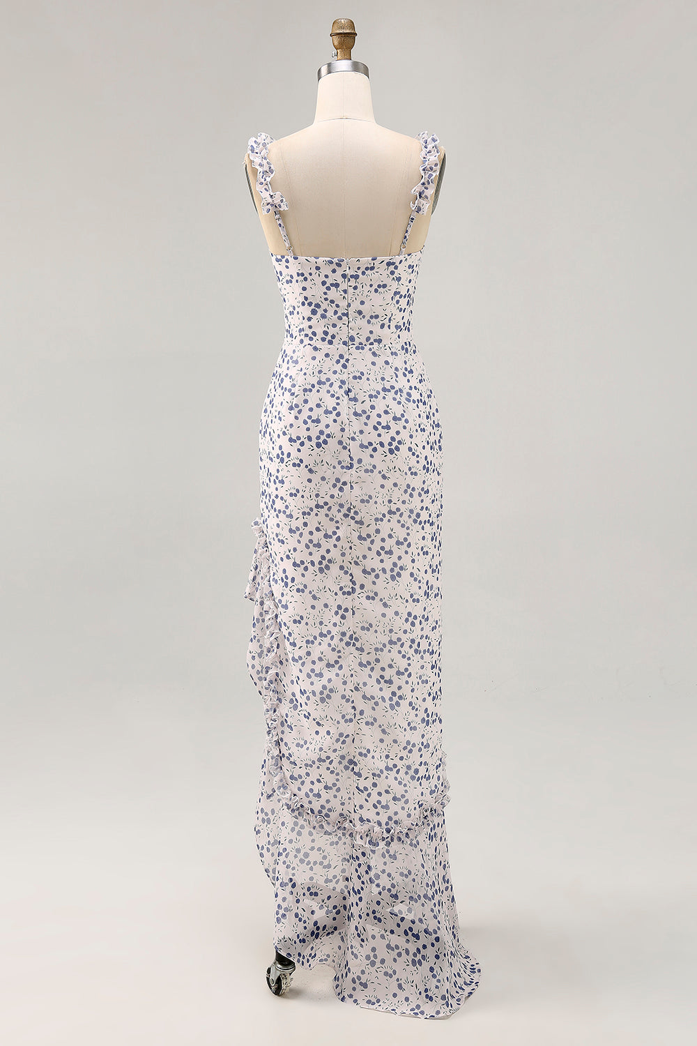 Blumen Rüschen Bedruckte Etui Blaues Asymmetrisches Hochzeitsgastkleid