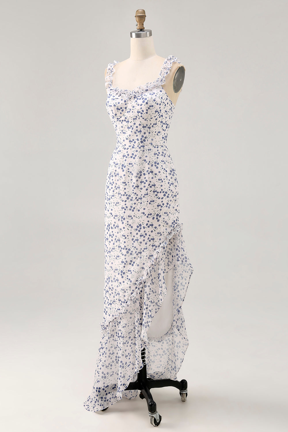 Blumen Rüschen Bedruckte Etui Blaues Asymmetrisches Hochzeitsgastkleid