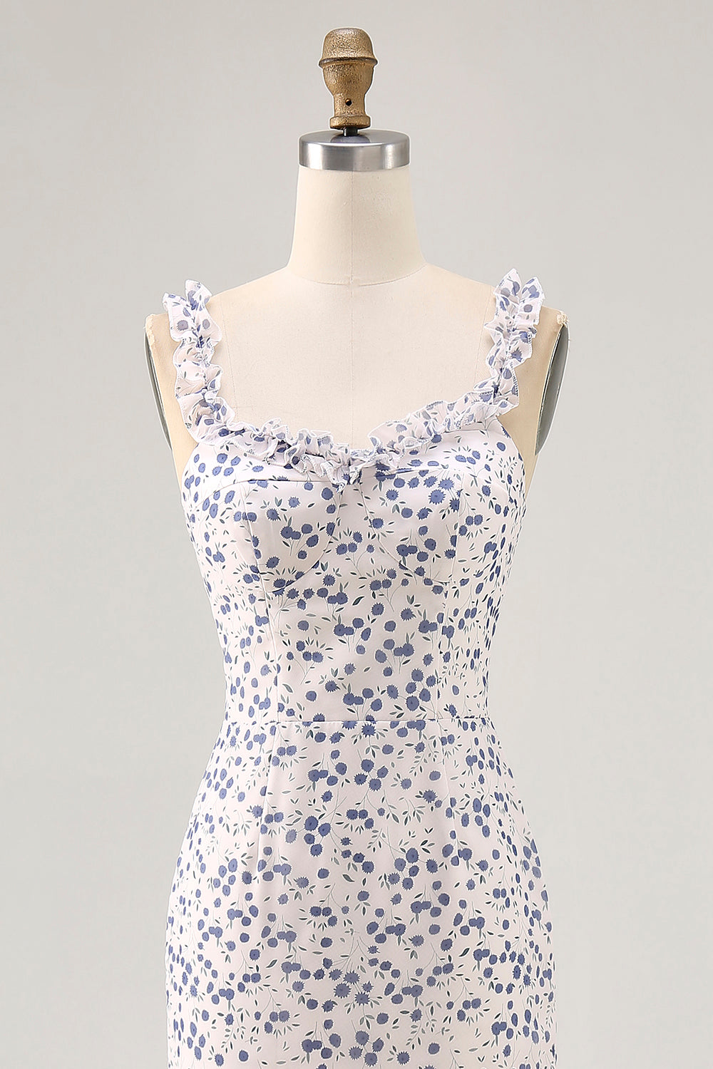 Blumen Rüschen Bedruckte Etui Blaues Asymmetrisches Hochzeitsgastkleid