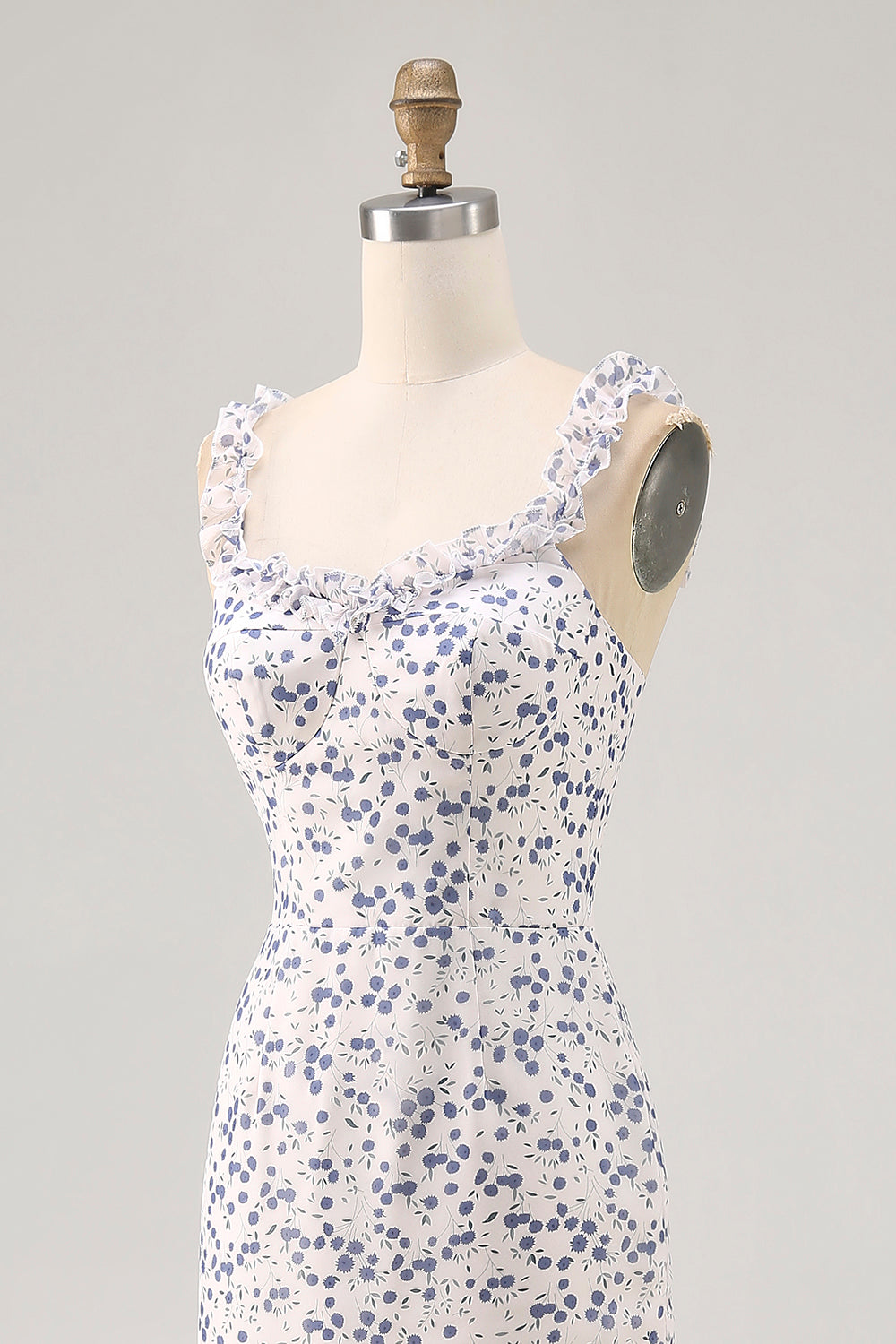Blumen Rüschen Bedruckte Etui Blaues Asymmetrisches Hochzeitsgastkleid