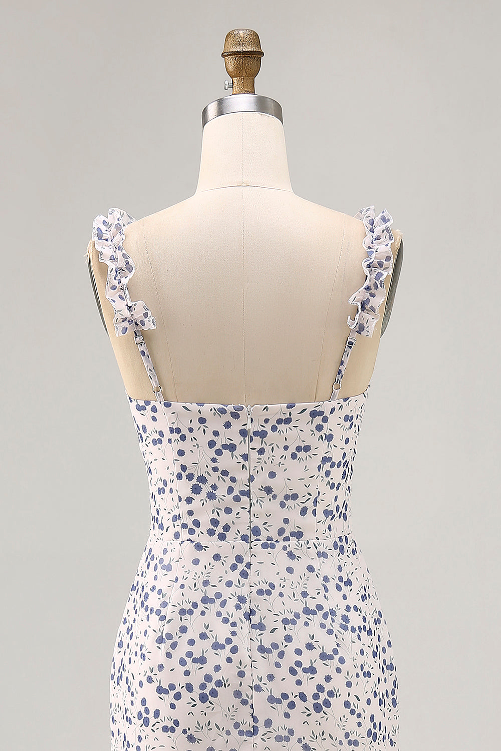 Blumen Rüschen Bedruckte Etui Blaues Asymmetrisches Hochzeitsgastkleid