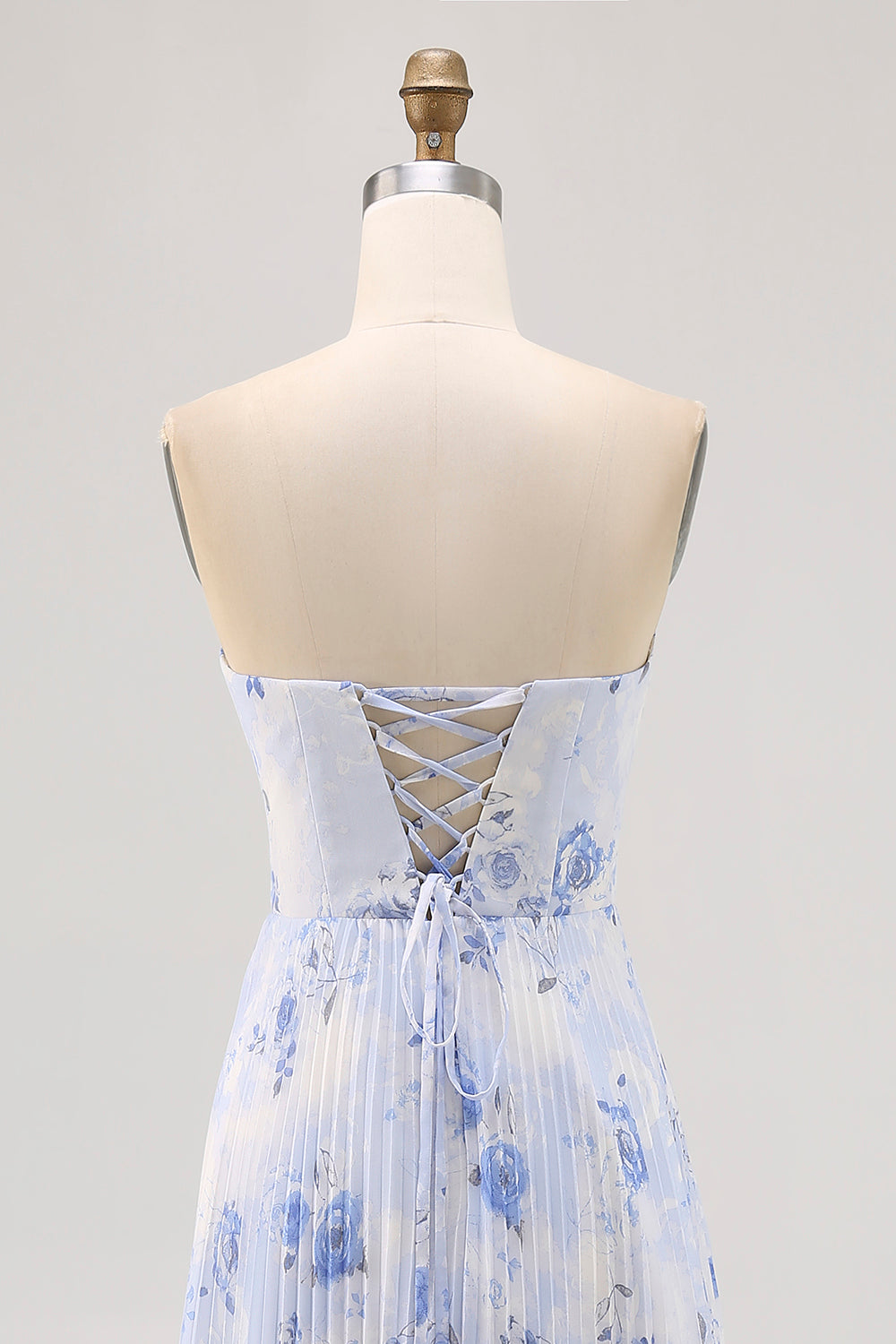 Blaues Geblümtes Trägerloses Langfaltiges Brautjungfernkleid in A-Linie
