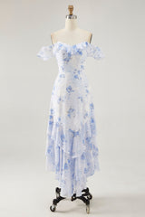 Blaues Blumendruck A-Linie Gerüschtes Hochzeitsgastkleid