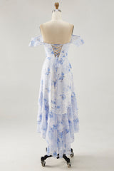 Blaues Blumendruck A-Linie Gerüschtes Hochzeitsgastkleid