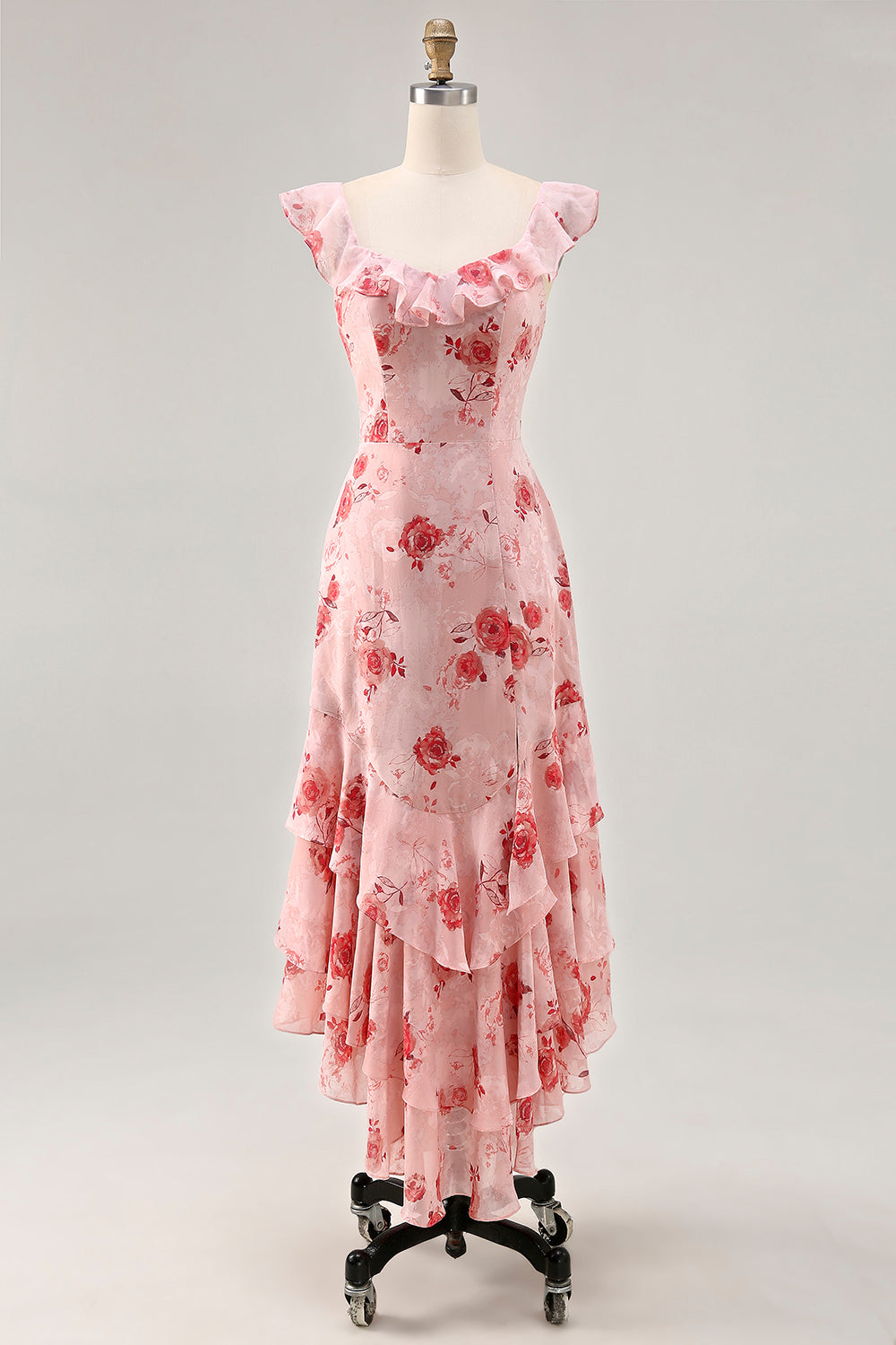 Bedrucktes Kleid für Hochzeitsgäste mit rosa Blume in A-Linie
