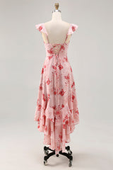Bedrucktes Kleid für Hochzeitsgäste mit rosa Blume in A-Linie