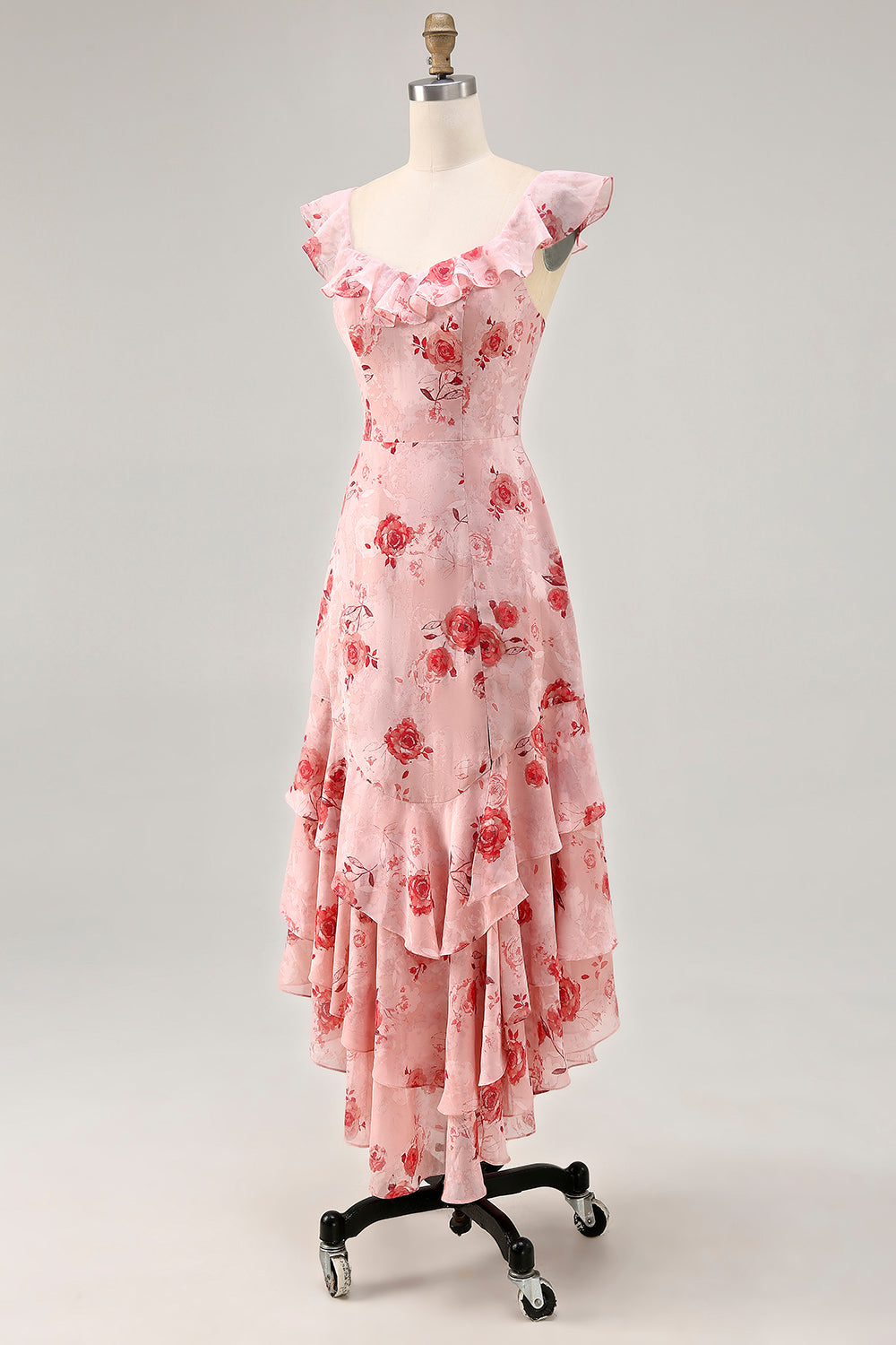 Bedrucktes Kleid für Hochzeitsgäste mit rosa Blume in A-Linie