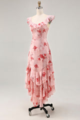 Bedrucktes Kleid für Hochzeitsgäste mit rosa Blume in A-Linie