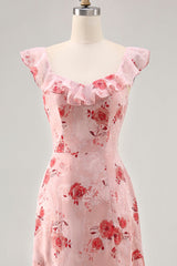 Bedrucktes Kleid für Hochzeitsgäste mit rosa Blume in A-Linie