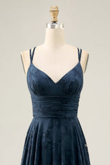 Blumen A Linie Marineblaues Bedrucktes Langes Hochzeitsgastkleid
