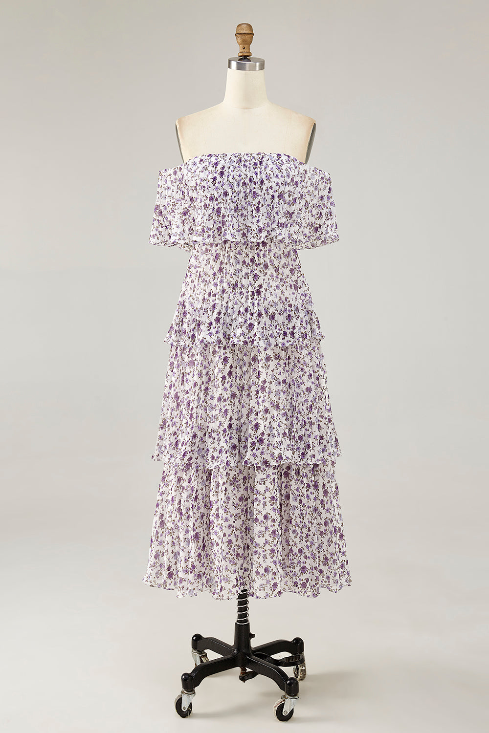 Lila Schulterfreies Kleid für Hochzeitsgäste mit Blumendruck in A-Linie