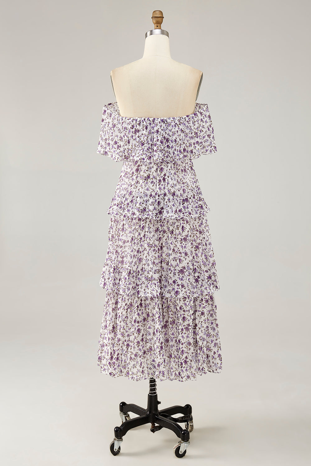 Lila Schulterfreies Kleid für Hochzeitsgäste mit Blumendruck in A-Linie