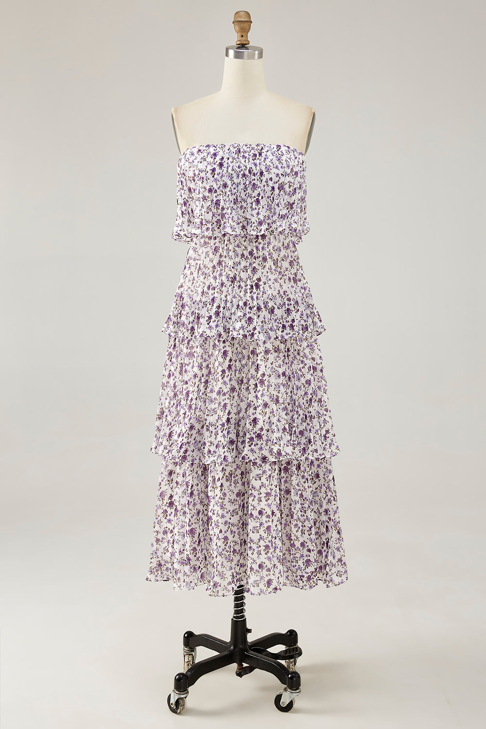Lila Schulterfreies Kleid für Hochzeitsgäste mit Blumendruck in A-Linie