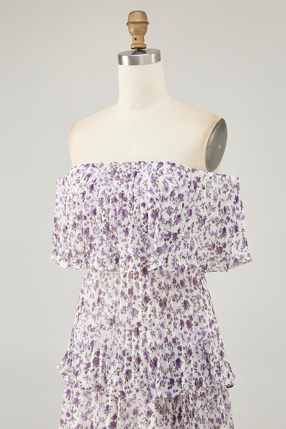 Lila Schulterfreies Kleid für Hochzeitsgäste mit Blumendruck in A-Linie