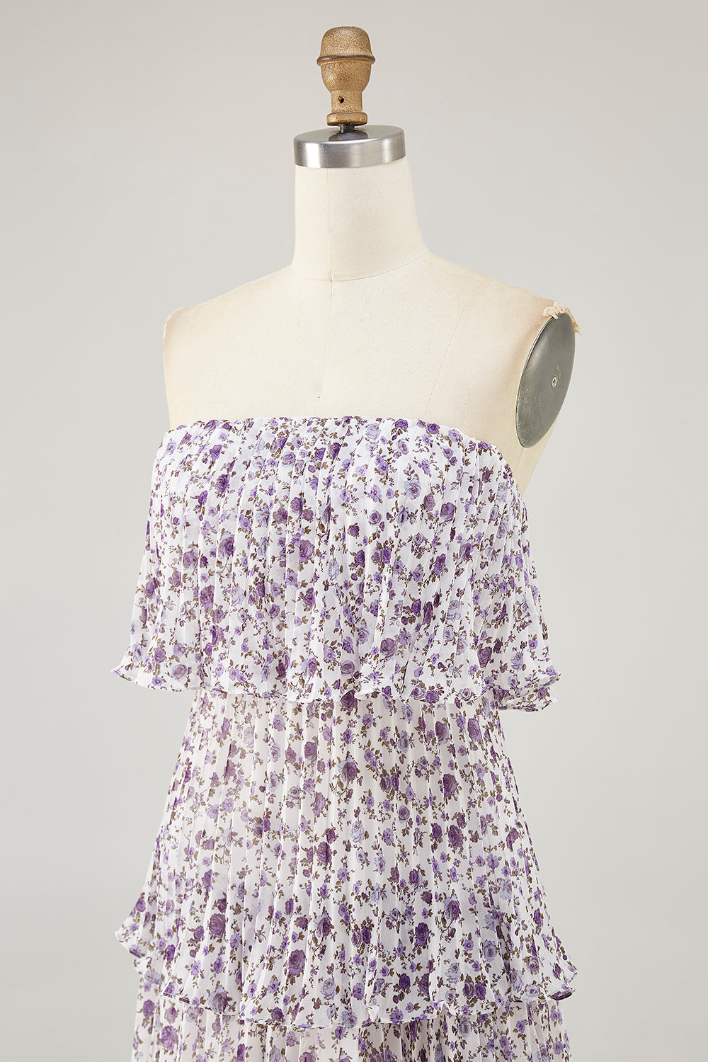 Lila Schulterfreies Kleid für Hochzeitsgäste mit Blumendruck in A-Linie