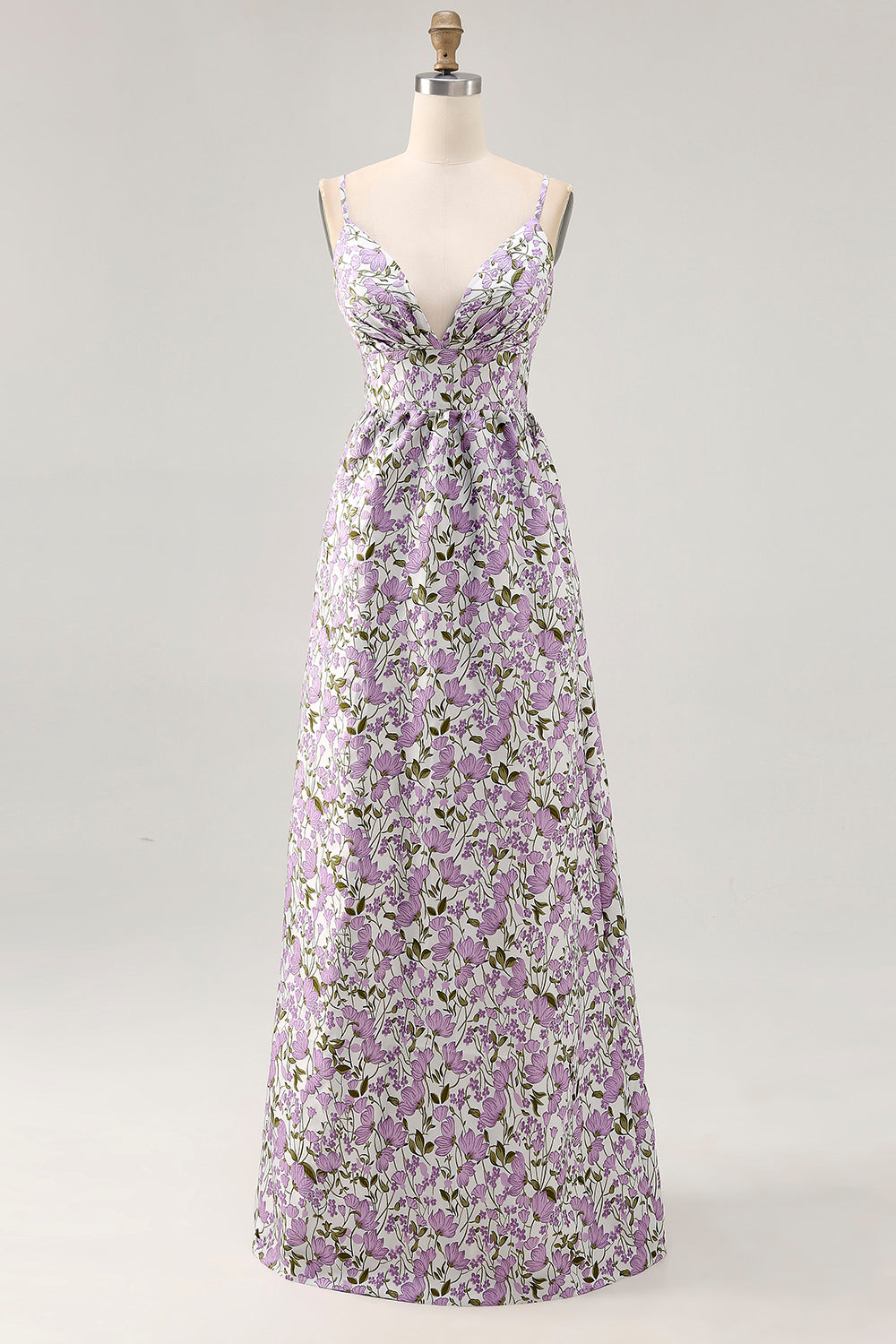 Lila Blume A Linie Bedrucktes Spaghettiträger Hochzeitsgastkleid