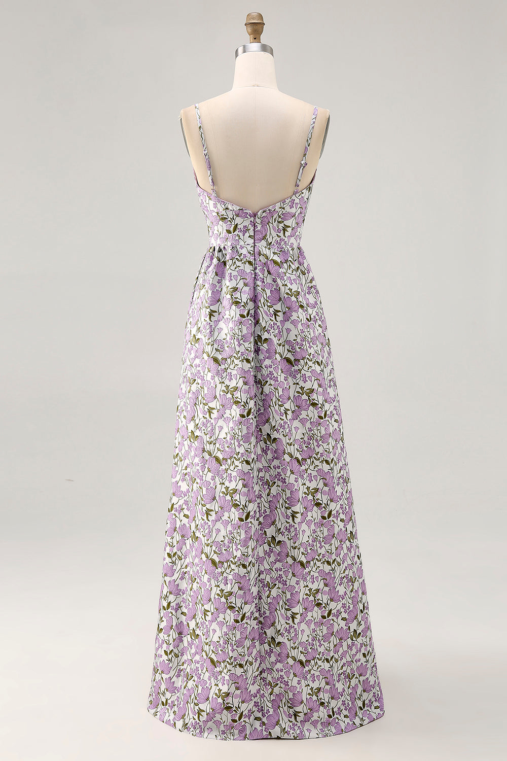 Lila Blume A Linie Bedrucktes Spaghettiträger Hochzeitsgastkleid