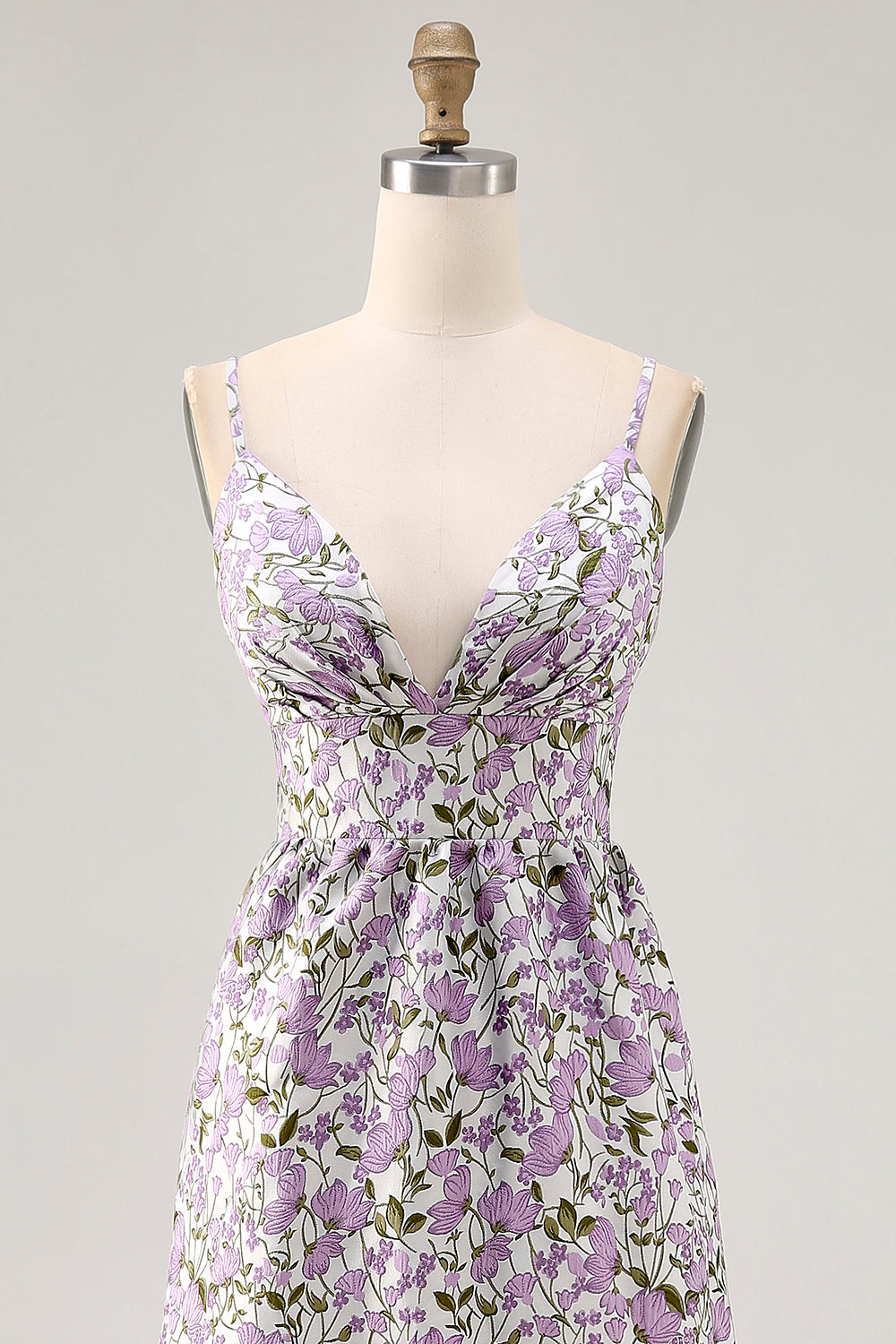 Lila Blume A Linie Bedrucktes Spaghettiträger Hochzeitsgastkleid