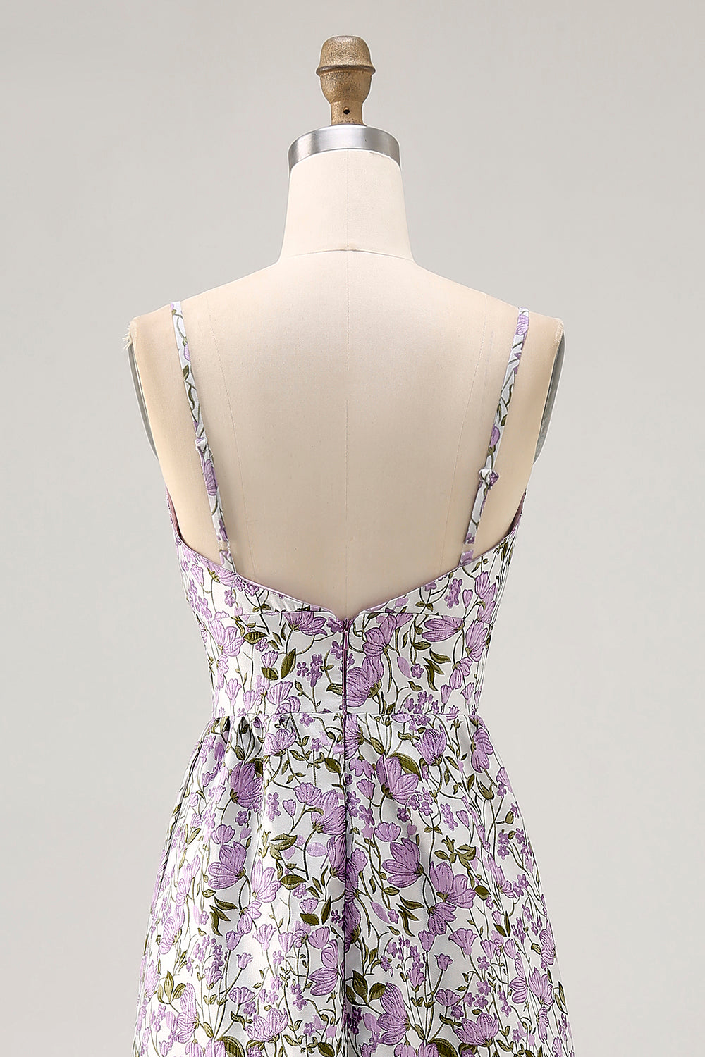 Lila Blume A Linie Bedrucktes Spaghettiträger Hochzeitsgastkleid