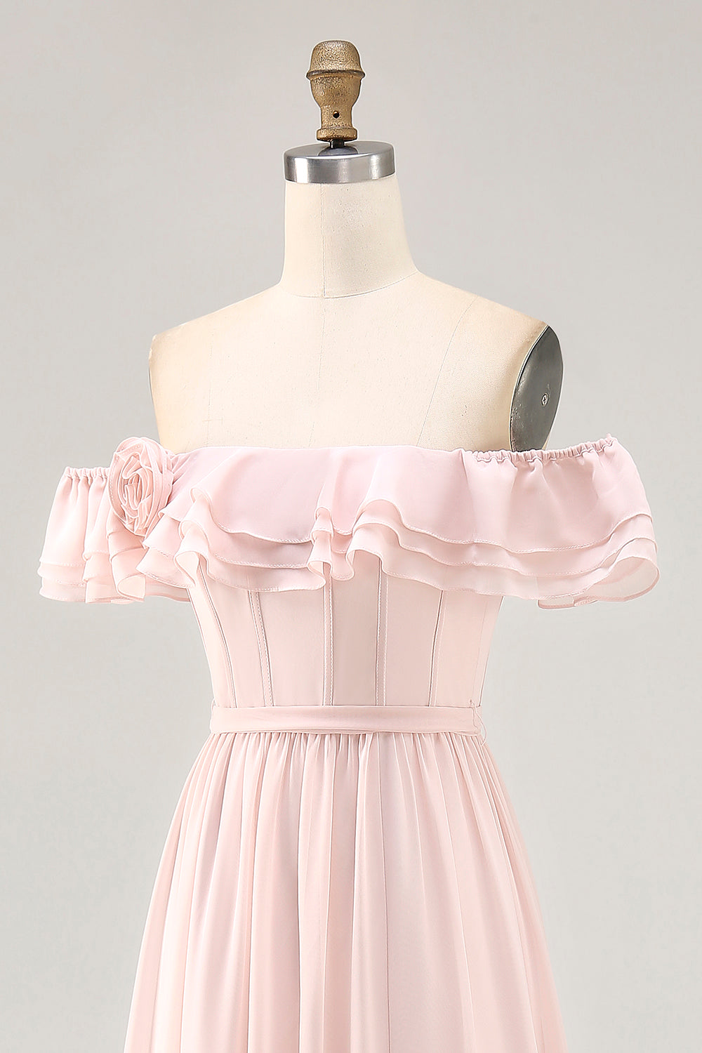 Schulterfreies Blush Rüschen A Linie Brautjungfernkleid mit Schlitz