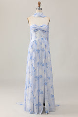 Blaues A-Linie Trägerloses Hochzeitsgastkleid mit Blume und Schlitz