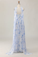 Blaues A-Linie Trägerloses Hochzeitsgastkleid mit Blume und Schlitz