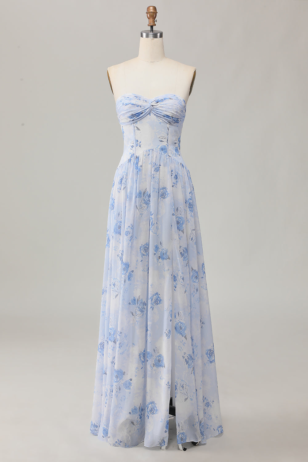 Altrosa A-Linie Trägerloses Blume Hochzeitsgastkleid mit Schlitz