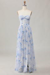 Blaues A-Linie Trägerloses Hochzeitsgastkleid mit Blume und Schlitz