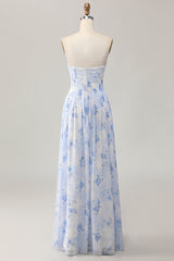 Blaues A-Linie Trägerloses Hochzeitsgastkleid mit Blume und Schlitz