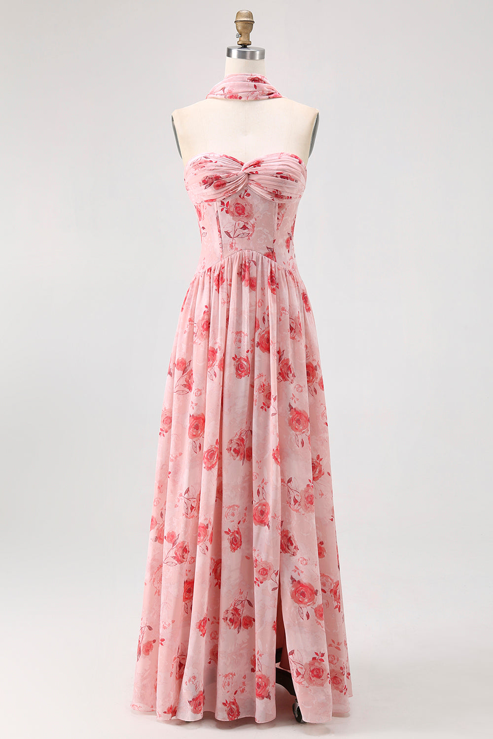 Altrosa A-Linie Trägerloses Blume Hochzeitsgastkleid mit Schlitz