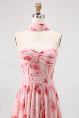 Altrosa A-Linie Trägerloses Blume Hochzeitsgastkleid mit Schlitz