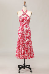 Meerjungfrau Neckholder Bedrucktes Rotes Blume Midi Hochzeitsgastkleid