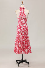 Meerjungfrau Neckholder Bedrucktes Rotes Blume Midi Hochzeitsgastkleid