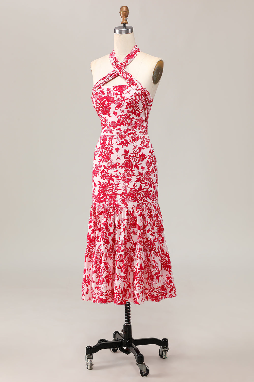 Meerjungfrau Neckholder Bedrucktes Rotes Blume Midi Hochzeitsgastkleid