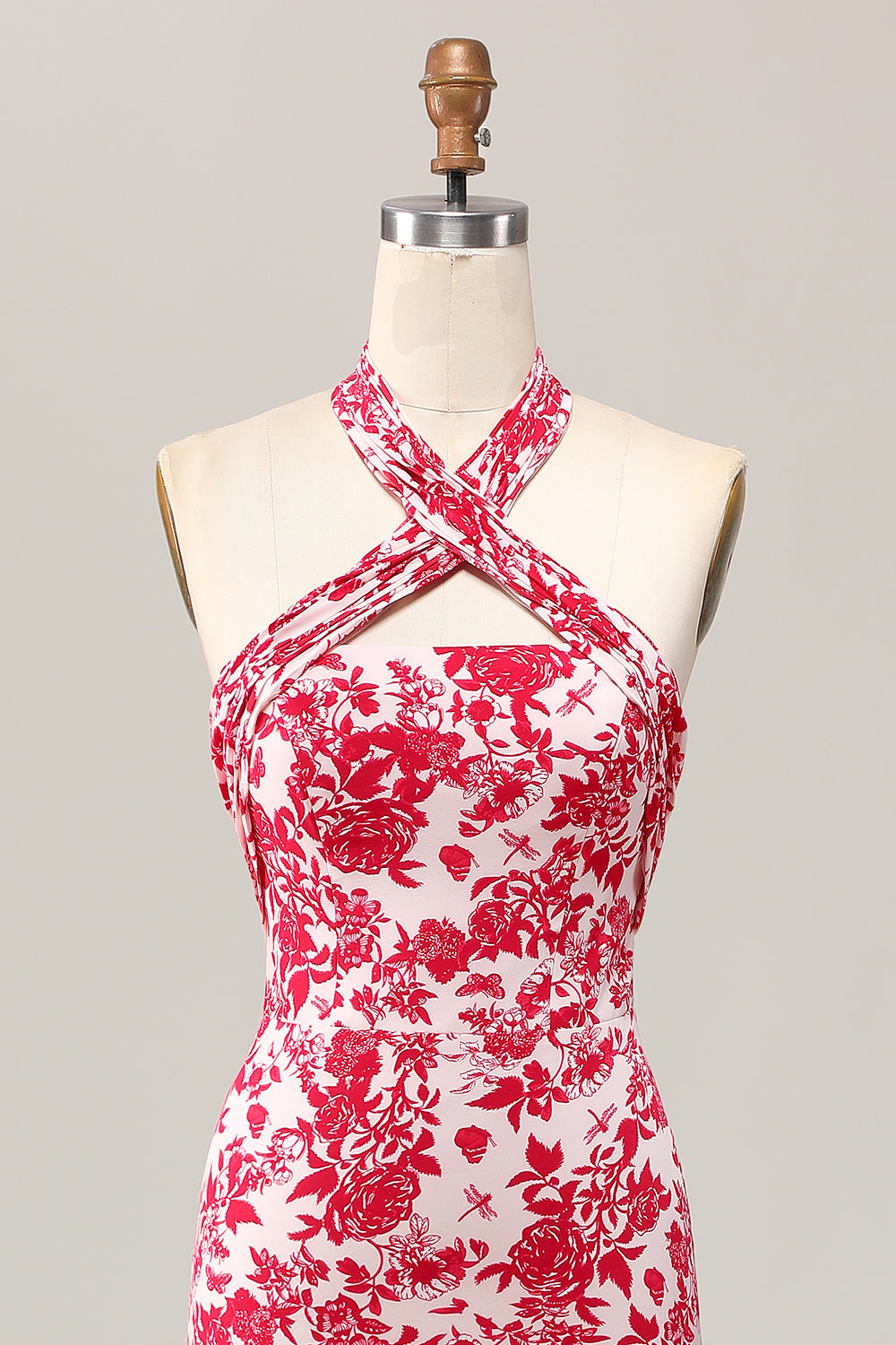 Meerjungfrau Neckholder Bedrucktes Rotes Blume Midi Hochzeitsgastkleid