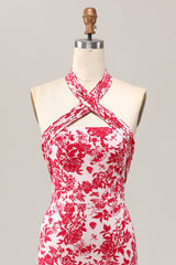 Meerjungfrau Neckholder Bedrucktes Rotes Blume Midi Hochzeitsgastkleid