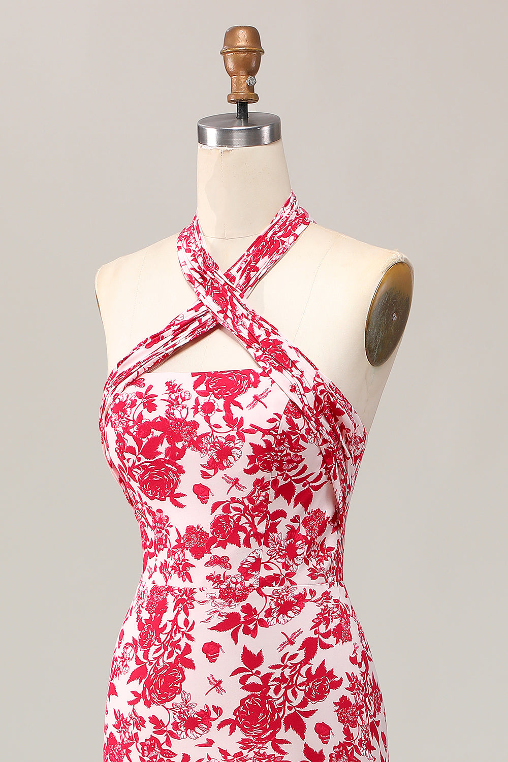 Meerjungfrau Neckholder Bedrucktes Rotes Blume Midi Hochzeitsgastkleid