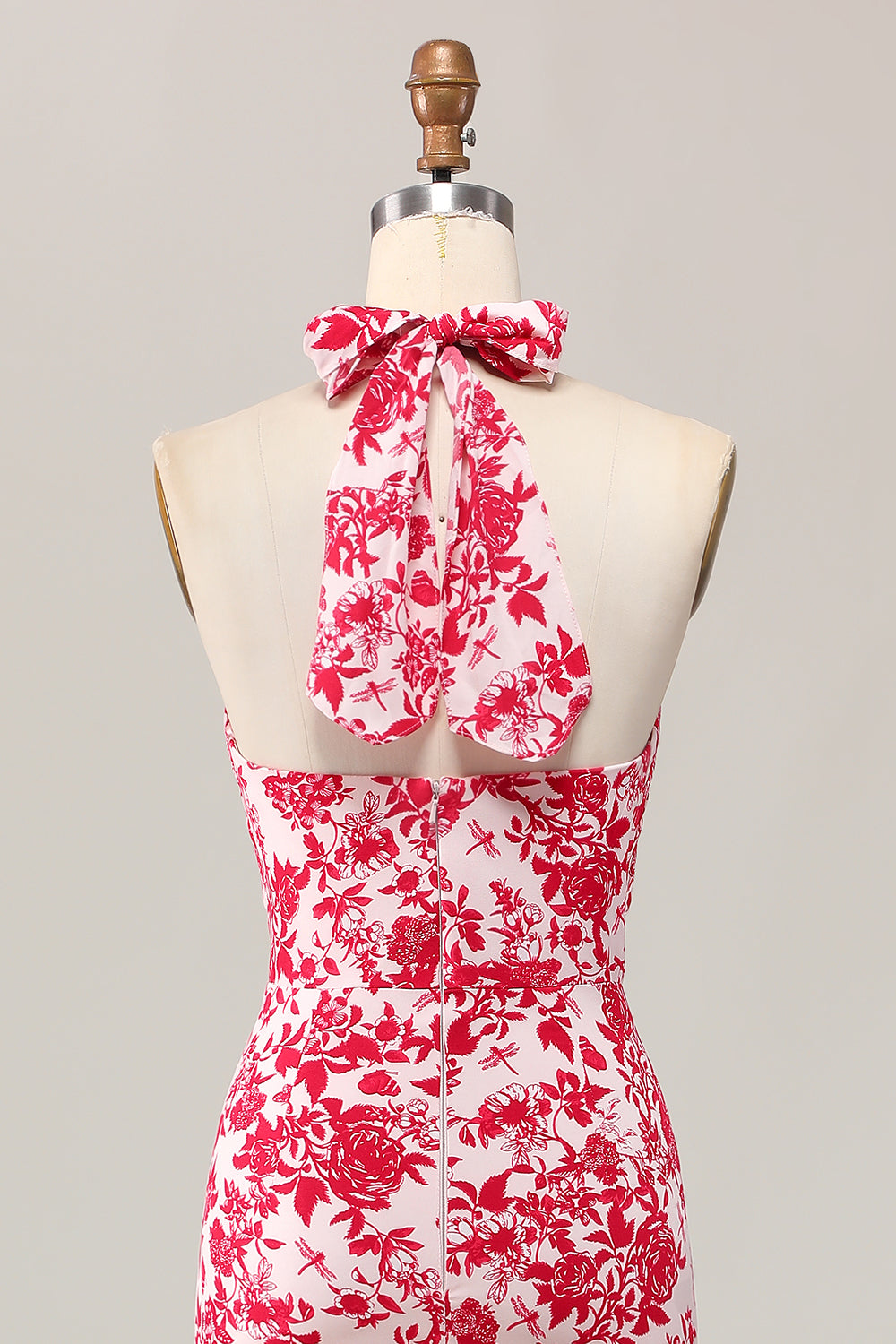 Meerjungfrau Neckholder Bedrucktes Rotes Blume Midi Hochzeitsgastkleid