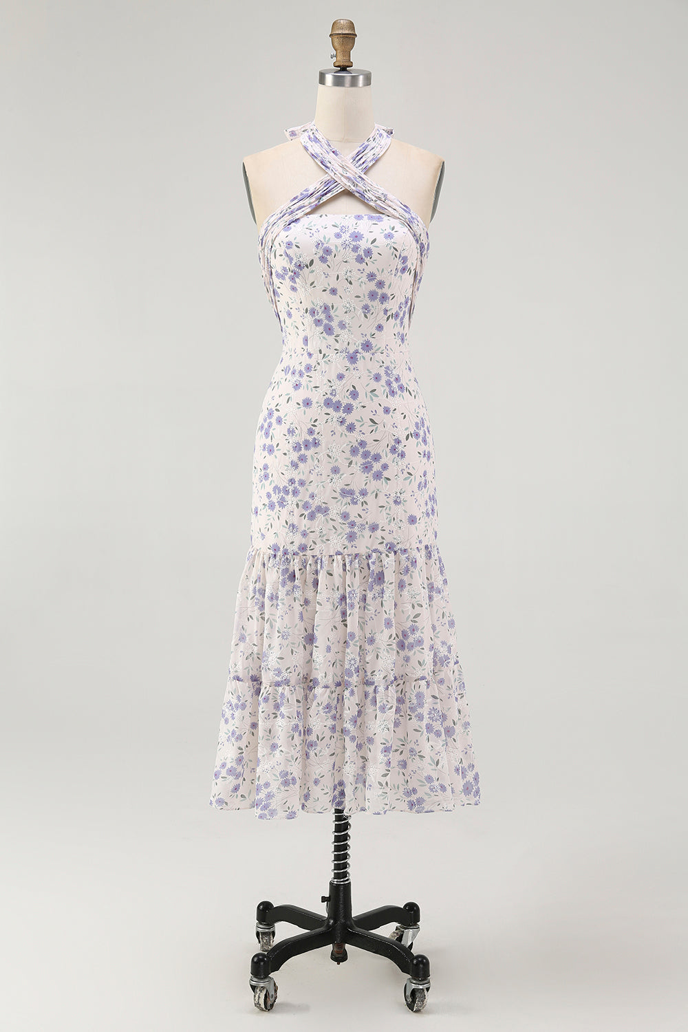 Blaues Geblümtes Neckholder Midi Brautjungfernkleid mit Rüschen