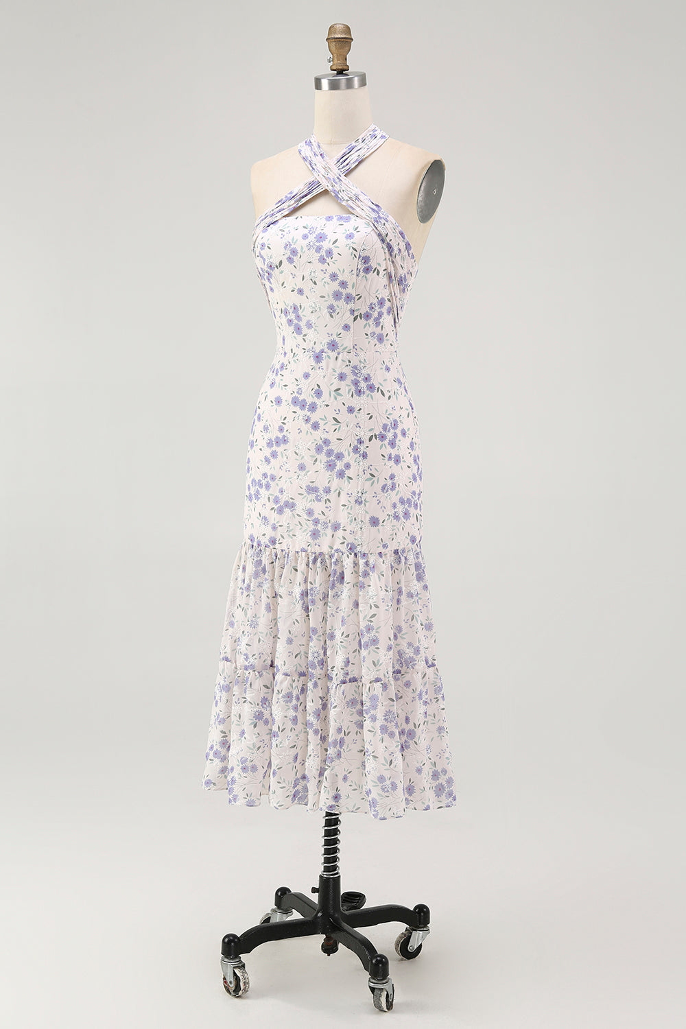 Blaues Geblümtes Neckholder Midi Brautjungfernkleid mit Rüschen