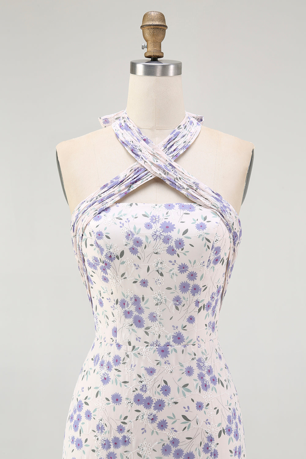 Blaues Geblümtes Neckholder Midi Brautjungfernkleid mit Rüschen