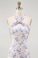 Blaues Geblümtes Neckholder Midi Brautjungfernkleid mit Rüschen