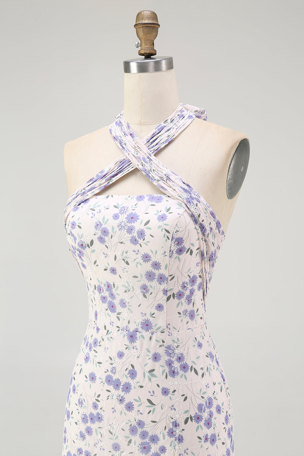 Blaues Geblümtes Neckholder Midi Brautjungfernkleid mit Rüschen