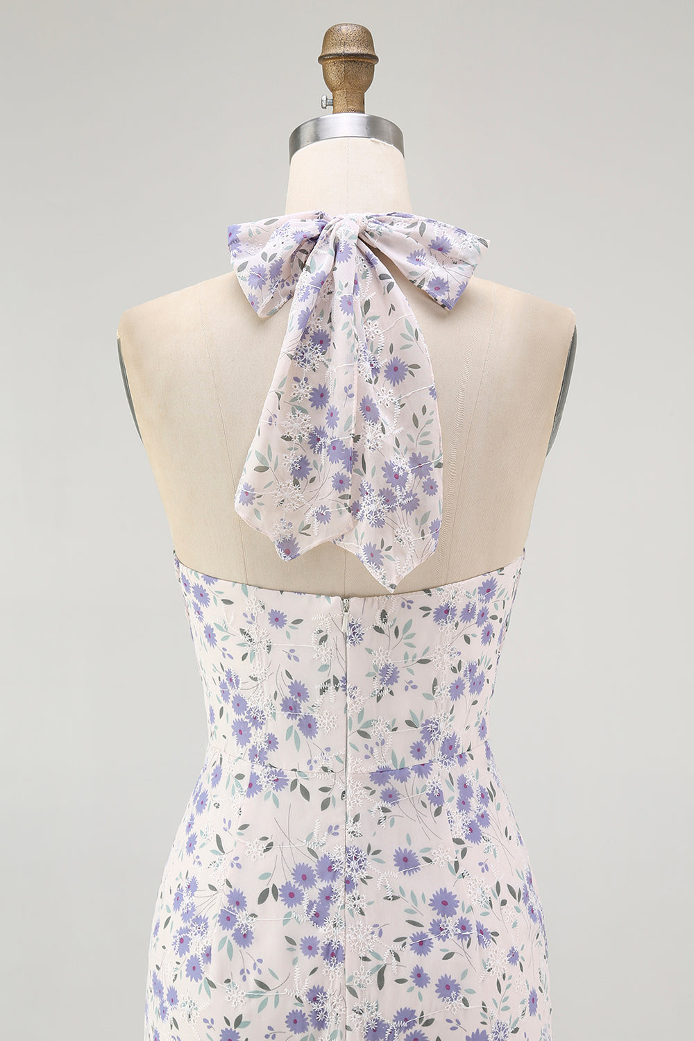 Blaues Geblümtes Neckholder Midi Brautjungfernkleid mit Rüschen