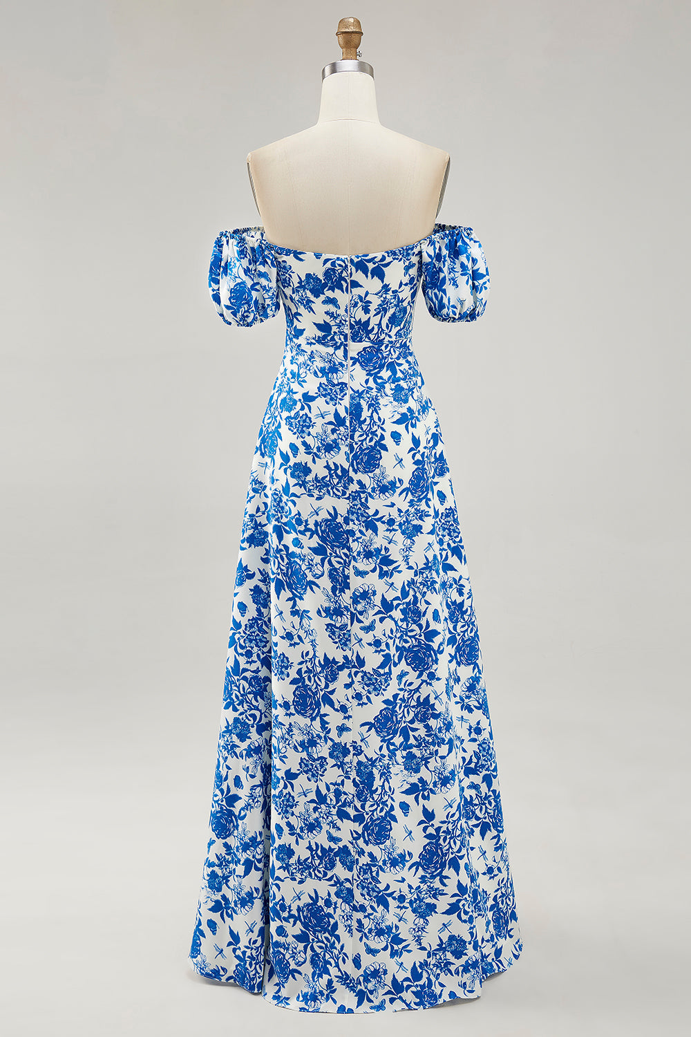 Schulterfreies Blaues Hochzeitsgastkleid mit Blumendruck und Schlitz