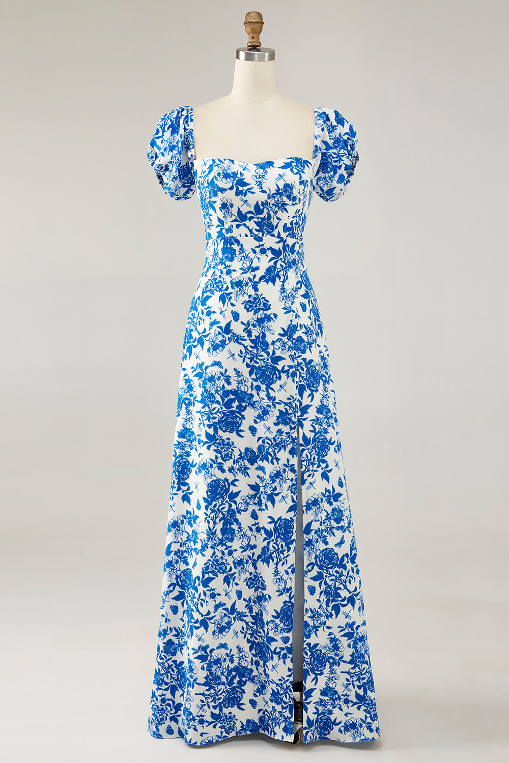 Schulterfreies Blaues Hochzeitsgastkleid mit Blumendruck und Schlitz